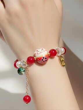 Lucky Waving Cat Red Beaded Bracelet 🐱❤️ Chinese New Year Kawaii Charm Gift